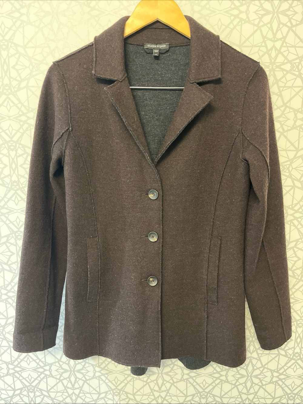 Eileen Fisher Dark Brown Tailored Button-Front Jacket 96% Merino Wool